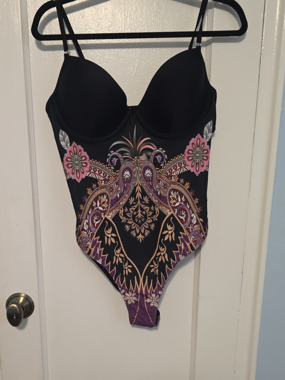 Cupshe Black One-Piece Swimsuit with Purple and Pink Paisley Print